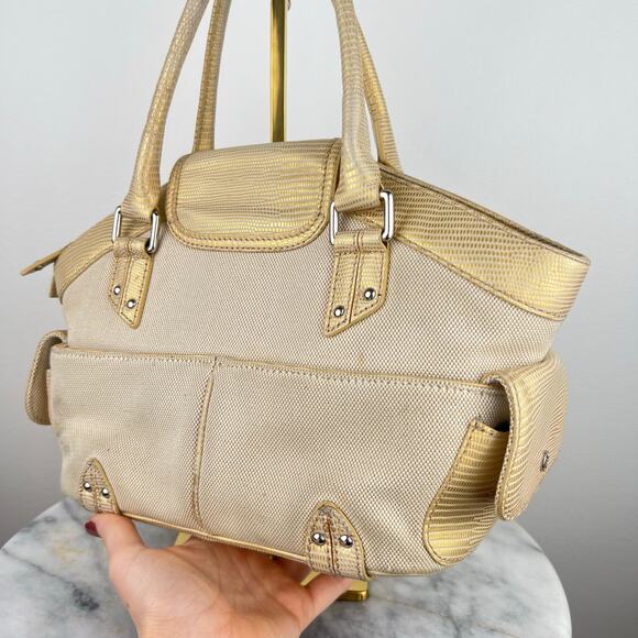 Cole Haan Buckle Canvas Tan and Gold Lizard Skin Embossed Leather Shoulder Bag - Picture 14 of 16